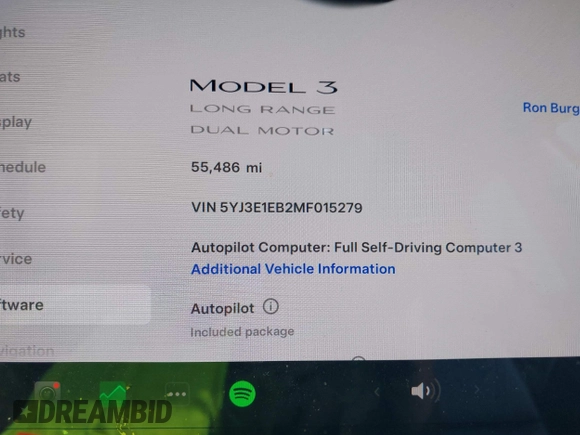 2021 Tesla Model 3 Long Range with VIN 5YJ3E1EB2MF015279, listed as a IAAI auction lot 41765428 with 55,486 mi miles. Bid and sale history available at carsss.com. Image 7.