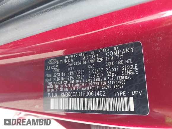2023 Hyundai Kona SEL with VIN KM8K6CAB1PU061462, listed as a IAAI auction lot 41549269 with 32,599 mi miles. Bid and sale history available at carsss.com. Image 9.