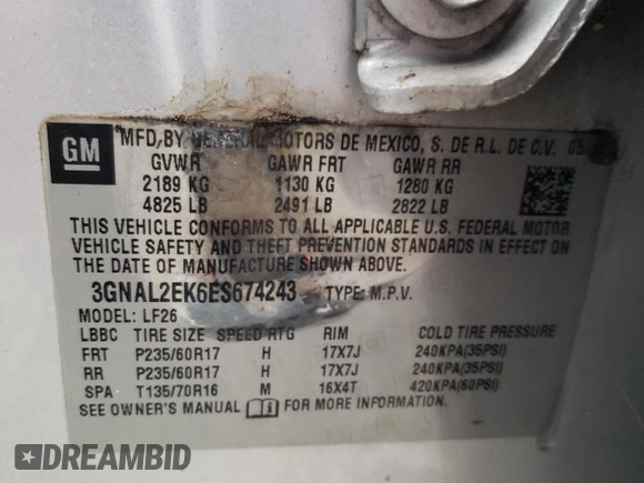 2014 Chevrolet Captiva Sport LS with VIN 3GNAL2EK6ES674243, listed as a Copart auction lot 81742154 with 185,254 mi miles and Clean Title. Bid and sale history available at DreamBid. Image 13.