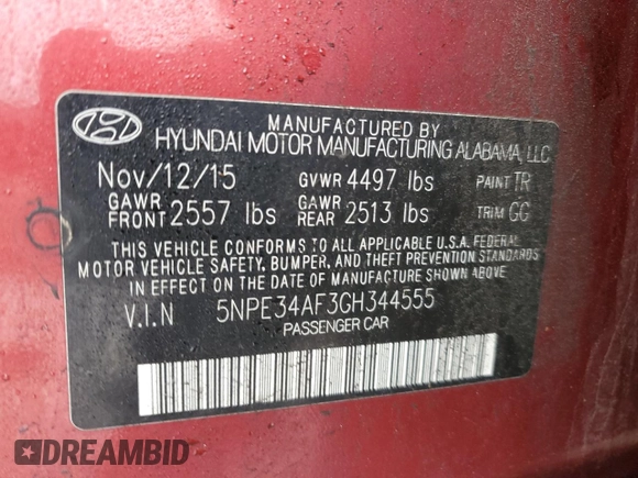 2016 Hyundai Sonata Sport with VIN 5NPE34AF3GH344555, listed as a Copart auction lot 52880925 with 79,311 mi miles and Salvage Title. Bid and sale history available at DreamBid. Image 13.
