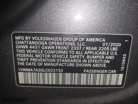 2020 Volkswagen Passat 2.0T R-Line with VIN 1VWMA7A30LC023133, listed as a IAAI auction lot 41908632 with 42,355 mi miles. Bid and sale history available at carsss.com. Image 9.