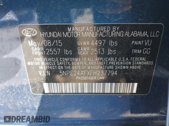 2015 Hyundai Sonata 2.4L SE with VIN 5NPE24AFXFH237794, listed as a IAAI auction lot 41997254 with 89,547 mi miles. Bid and sale history available at carsss.com. Image 9.