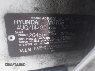 2003 Hyundai Santa Fe GLS with VIN KM8SC73D53U346562, listed as a IAAI auction lot 41706515 with 192,883 mi miles. Bid and sale history available at carsss.com. Image 9.