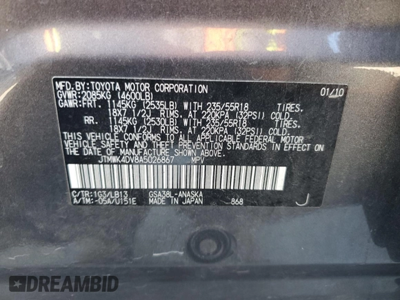 2010 Toyota RAV4 Sport with VIN JTMWK4DV8A5026867, listed as a Copart auction lot 43349705 with 189,493 mi miles and Salvage title. Bid and sale history available at DreamBid. Image 13.