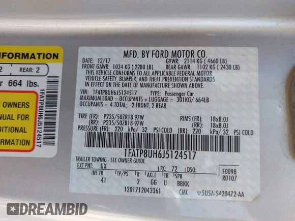 2018 Ford Mustang EcoBoost Premium with VIN 1FATP8UH6J5124517, listed as a IAAI auction lot 42260728 with 52,773 mi miles and . Bid and sale history available at DreamBid. Image 9.