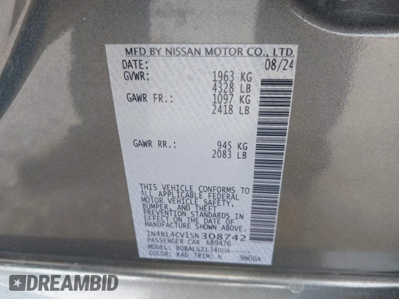 2025 Nissan Altima SR with VIN 1N4BL4CV1SN308742, listed as a IAAI auction lot 41808388 with Not Provided miles and . Bid and sale history available at DreamBid. Image 9.