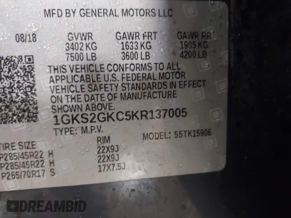 2019 GMC Yukon XL SLT with VIN 1GKS2GKC5KR137005, listed as a IAAI auction lot 41435370 with 125,453 mi miles and . Bid and sale history available at carsss.com. Image 9.