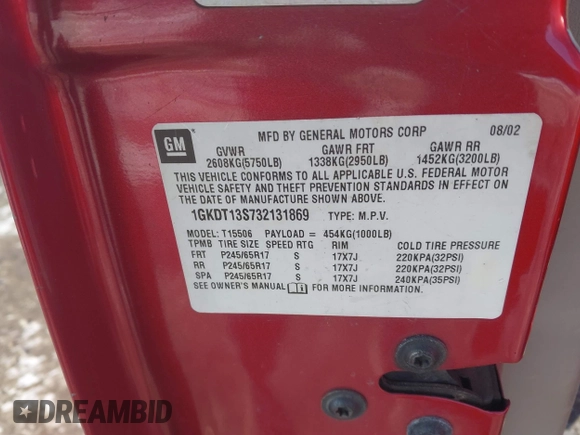 2003 GMC Envoy SLE with VIN 1GKDT13S732131869, listed as a IAAI auction lot 41422135 with 163,193 mi miles. Bid and sale history available at carsss.com. Image 9.