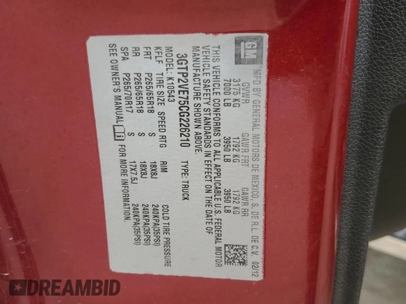 2012 GMC Sierra 1500 SLE with VIN 3GTP2VE75CG226210, listed as a Copart auction lot 51919155 with 95,681 mi miles and Salvage Title. Bid and sale history available at DreamBid. Image 12.