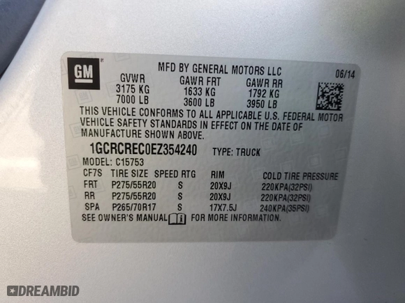 2014 Chevrolet Silverado 1500 LT with VIN 1GCRCREC0EZ354240, listed as a Copart auction lot 43994975 with 126,185 mi miles and Salvage Title. Bid and sale history available at carsss.com. Image 12.
