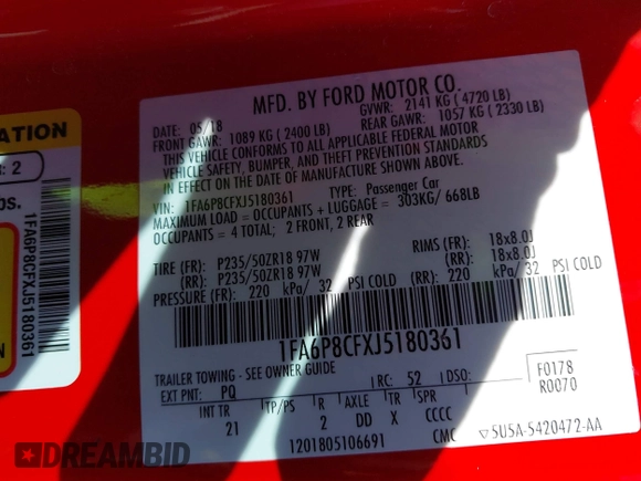 2018 Ford Mustang GT with VIN 1FA6P8CFXJ5180361, listed as a IAAI auction lot 41620513 with 114,222 mi miles. Bid and sale history available at carsss.com. Image 9.