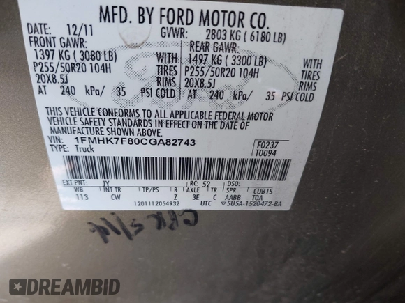 2012 Ford Explorer Limited с VIN 1FMHK7F80CGA82743, выставлен на аукционе IAAI как лот 42093796 с пробегом 156 622 миль миль и . История ставок и продаж доступна на DreamBid. Изображение 9.