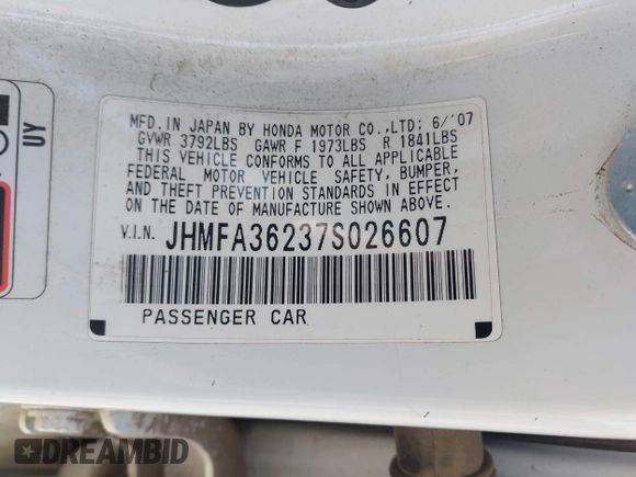 2007 Honda Civic with VIN JHMFA36237S026607, listed as a IAAI auction lot 42492863 with 218,162 mi miles and . Bid and sale history available at DreamBid. Image 9.