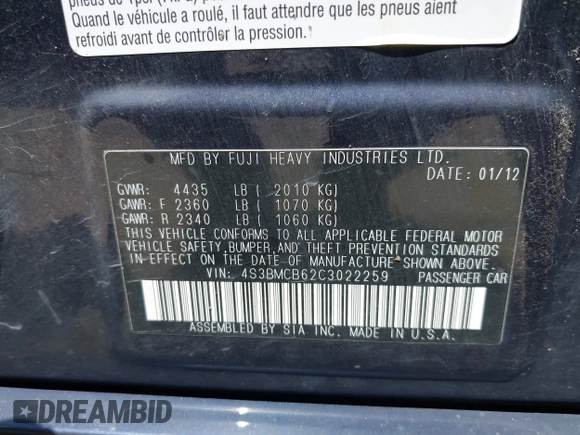 2012 Subaru Legacy Premium with VIN 4S3BMCB62C3022259, listed as a IAAI auction lot 42463790 with 165,685 mi miles and . Bid and sale history available at DreamBid. Image 9.