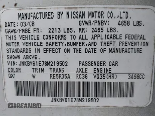 2008 Infiniti G35 Journey with VIN JNKBV61E78M219502, listed as a IAAI auction lot 42078071 with 214,825 mi miles and . Bid and sale history available at carsss.com. Image 9.