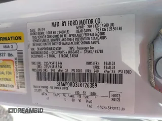2020 Ford Fusion SE with VIN 3FA6P0HD3LR126389, listed as a IAAI auction lot 42110279 with 51,767 mi miles and . Bid and sale history available at DreamBid. Image 9.