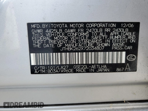2007 Lexus IS 250 z VIN JTHBK262X72034807, wystawiony jako Copart lot #51349555 z przebiegiem 346 294 mil mil oraz Czysty tytuł • Clean title. Historia ofert i sprzedaży dostępna na DreamBid. Obrazek 12.