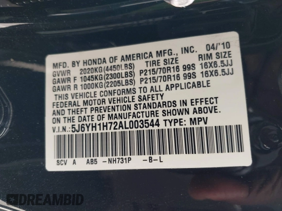 2010 Honda Element EX with VIN 5J6YH1H72AL003544, listed as a IAAI auction lot 41937605 with 124,230 mi miles and . Bid and sale history available at DreamBid. Image 9.