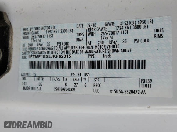 2018 Ford F-150 XL z VIN 1FTMF1E55JKF62315, wystawiony jako Copart lot #51611855 z przebiegiem Nie podano mil oraz Szkoda całkowita • Salvage title. Historia ofert i sprzedaży dostępna na DreamBid. Obrazek 13.