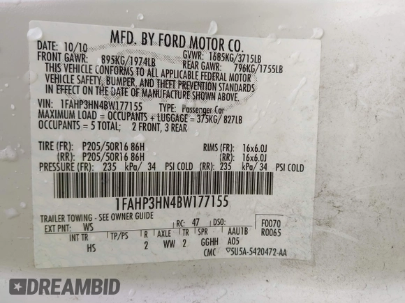 2011 Ford Focus SEL with VIN 1FAHP3HN4BW177155, listed as a IAAI auction lot 42193275 with 204,886 mi miles and . Bid and sale history available at DreamBid. Image 9.