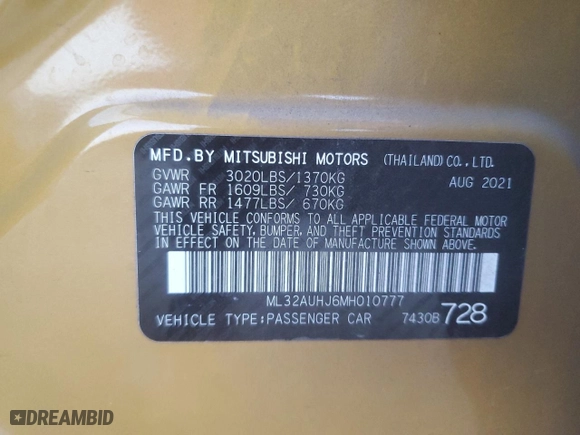 2021 Mitsubishi Mirage ES with VIN ML32AUHJ6MH010777, listed as a Copart auction lot 48218135 with 56,077 mi miles and Salvage Title. Bid and sale history available at carsss.com. Image 13.
