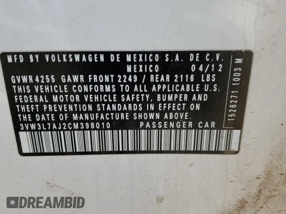 2012 Volkswagen Jetta Sedan TDI with VIN 3VW3L7AJ2CM398010, listed as a Copart auction lot 47034055 with 0 mi miles and Salvage Title. Bid and sale history available at carsss.com. Image 12.