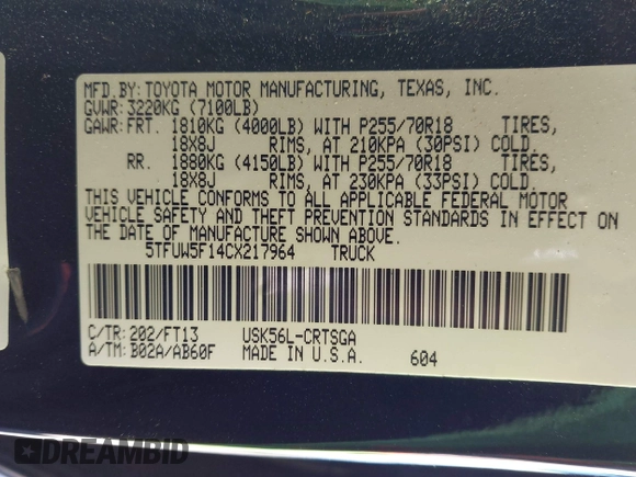 2012 Toyota Tundra z VIN 5TFUW5F14CX217964, wystawiony jako IAAI lot #41265024 z przebiegiem 144 426 mil mil oraz . Historia ofert i sprzedaży dostępna na DreamBid. Obrazek 9.