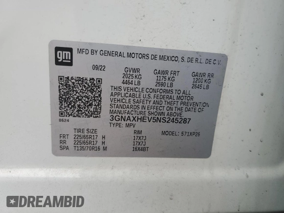 2022 Chevrolet Equinox LS with VIN 3GNAXHEV5NS245287, listed as a Copart auction lot 62663055 with 94,621 mi miles and Salvage title. Bid and sale history available at DreamBid. Image 12.