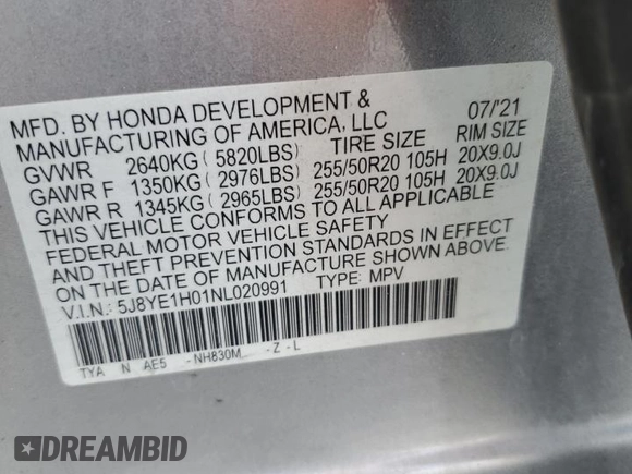 2022 Acura MDX w/A-Spec Package with VIN 5J8YE1H01NL020991, listed as a Copart auction lot 50506325 with Not provided miles and Salvage title. Bid and sale history available at DreamBid. Image 15.