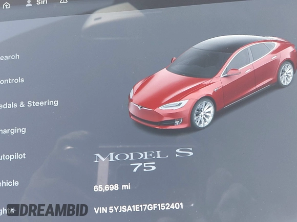 2016 Tesla Model S 70 with VIN 5YJSA1E17GF152401, listed as a IAAI auction lot 42272384 with 65,698 mi miles and . Bid and sale history available at DreamBid. Image 16.