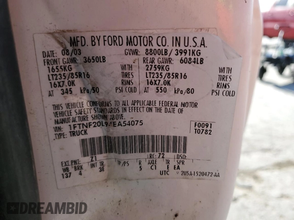 2004 Ford F-250 XL with VIN 1FTNF20L94EA54075, listed as a Copart auction lot 56751955 with 303,008 mi miles and Salvage title. Bid and sale history available at DreamBid. Image 12.