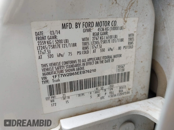 2014 Ford F-250 XL z VIN 1FT7W2B65EEB76210, wystawiony jako IAAI lot #42494326 z przebiegiem Nie podano mil oraz . Historia ofert i sprzedaży dostępna na DreamBid. Obrazek 9.