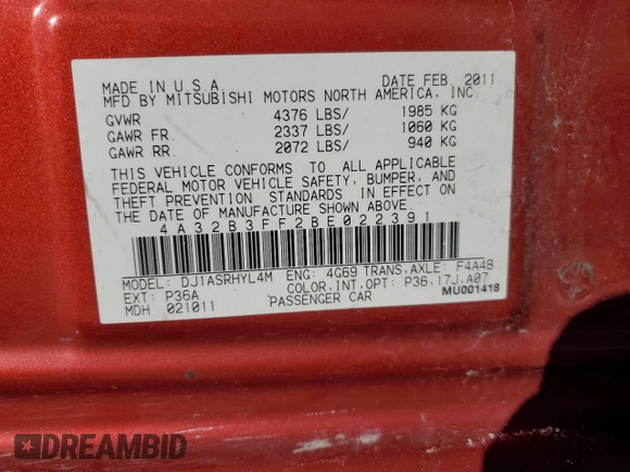 2011 Mitsubishi Galant ES with VIN 4A32B3FF2BE022391, listed as a Copart auction lot 80257984 with 0 mi miles and Salvage Title. Bid and sale history available at carsss.com. Image 13.