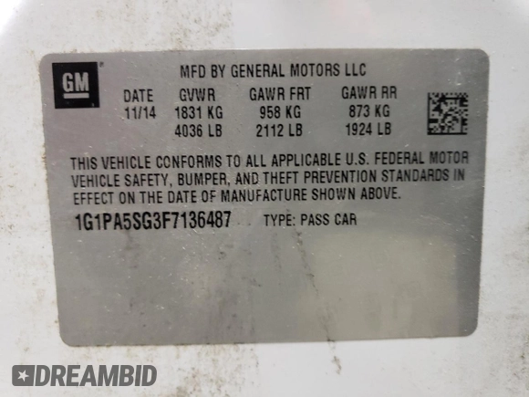 2015 Chevrolet Cruze LS with VIN 1G1PA5SG3F7136487, listed as a Copart auction lot 57043565 with 140,071 mi miles and Clean Title. Bid and sale history available at DreamBid. Image 12.