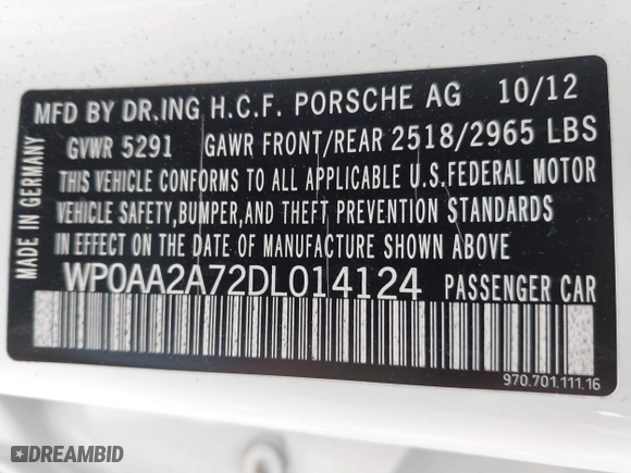 2013 Porsche Panamera with VIN WP0AA2A72DL014124, listed as a IAAI auction lot 42115410 with 184,206 mi miles. Bid and sale history available at carsss.com. Image 9.