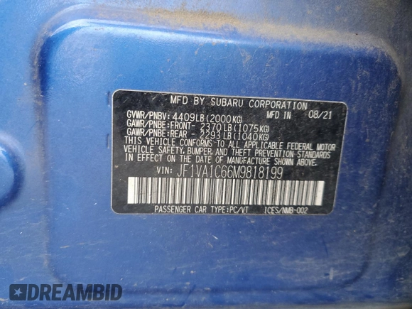 2021 Subaru WRX Premium with VIN JF1VA1C66M9818199, listed as a Copart auction lot 44998575 with 0 mi miles and Salvage Title. Bid and sale history available at carsss.com. Image 13.