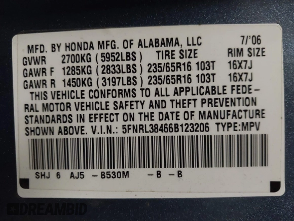 2006 Honda Odyssey EX with VIN 5FNRL38466B123206, listed as a IAAI auction lot 41731572 with 110,792 mi miles. Bid and sale history available at carsss.com. Image 9.