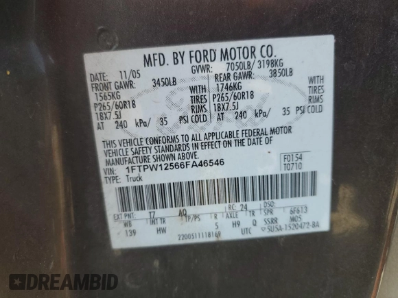 2006 Ford F-150 XLT with VIN 1FTPW12566FA46546, listed as a Copart auction lot 52697455 with 153,515 mi miles and Salvage Title. Bid and sale history available at DreamBid. Image 12.