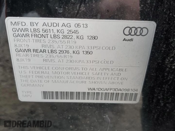 2013 Audi Q5 Premium Plus with VIN WA1DGAFP3DA098104, listed as a Copart auction lot 56033975 with 148,701 mi miles and Salvage title. Bid and sale history available at DreamBid. Image 13.