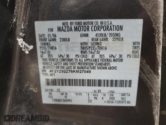 2006 Mazda Tribute i with VIN 4F2YZ92Z76KM27049, listed as a Copart auction lot 45468505 with 243,005 mi miles and Clean Title. Bid and sale history available at carsss.com. Image 13.