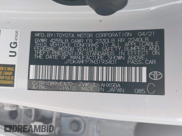 2021 Toyota Prius LE with VIN JTDKAMFP7M3193401, listed as a IAAI auction lot 41540021 with 45,822 mi miles and . Bid and sale history available at DreamBid. Image 9.