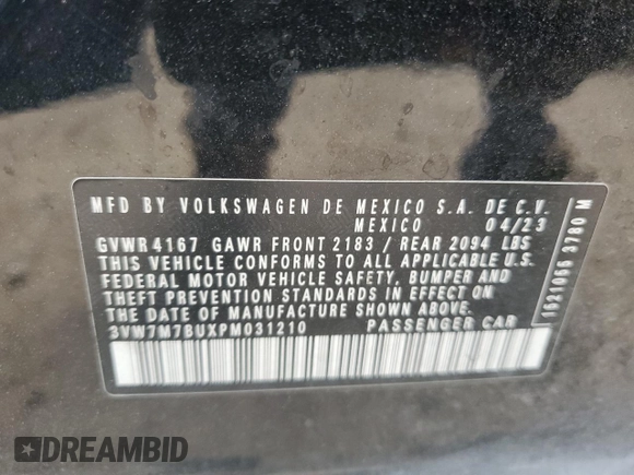 2023 Volkswagen Jetta SE with VIN 3VW7M7BUXPM031210, listed as a Copart auction lot 54968755 with 58,970 mi miles and Salvage title. Bid and sale history available at DreamBid. Image 12.