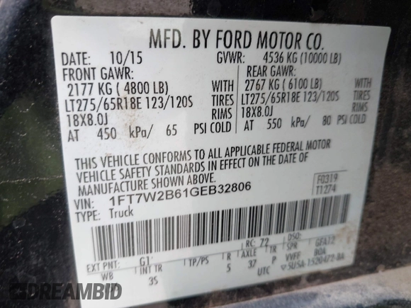 2016 Ford F-250 Lariat with VIN 1FT7W2B61GEB32806, listed as a IAAI auction lot 41717193 with 140,662 mi miles and . Bid and sale history available at DreamBid. Image 9.