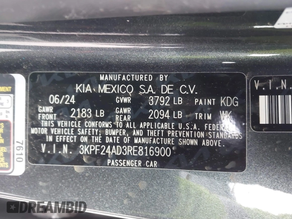2024 Kia Forte LXS with VIN 3KPF24AD3RE816900, listed as a IAAI auction lot 41619234 with 13,105 mi miles. Bid and sale history available at carsss.com. Image 9.