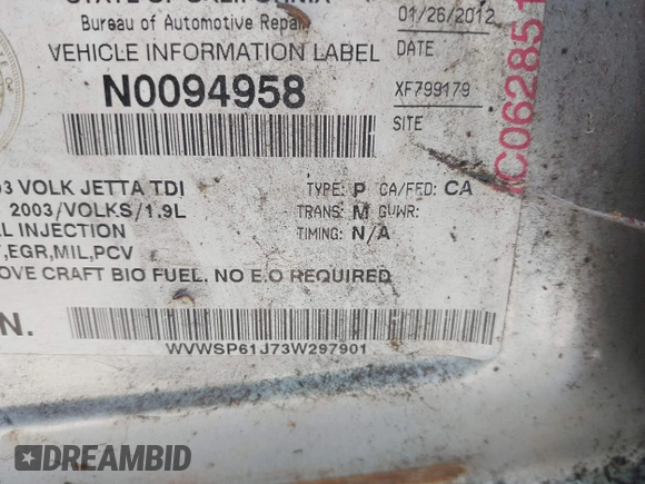 2003 Volkswagen Jetta с VIN WVWSP61J73W297901, выставлен на аукционе IAAI как лот 42101143 с пробегом Не указан миль и . История ставок и продаж доступна на DreamBid. Изображение 9.