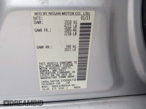 2013 Nissan Altima SL with VIN 1N4AL3AP7DC200070, listed as a IAAI auction lot 42041244 with 128,357 mi miles and . Bid and sale history available at DreamBid. Image 9.