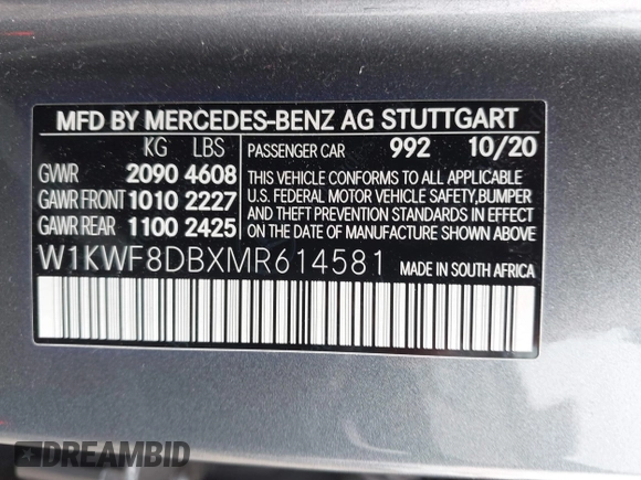 2021 Mercedes-Benz C 300 with VIN W1KWF8DBXMR614581, listed as a IAAI auction lot 42206714 with 35,573 mi miles and . Bid and sale history available at DreamBid. Image 9.