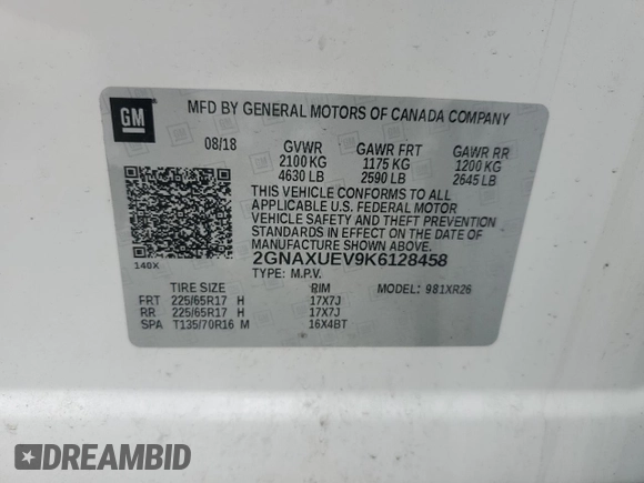2019 Chevrolet Equinox LT with VIN 2GNAXUEV9K6128458, listed as a Copart auction lot 49369125 with 68,033 mi miles and Salvage Title. Bid and sale history available at DreamBid. Image 13.