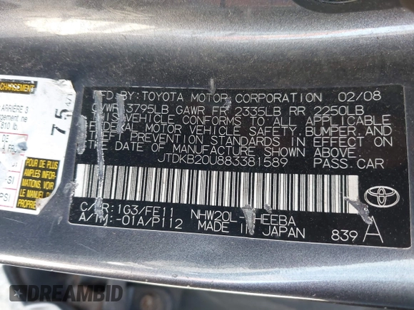 2008 Toyota Prius with VIN JTDKB20U883381589, listed as a IAAI auction lot 41914338 with 239,698 mi miles. Bid and sale history available at carsss.com. Image 9.