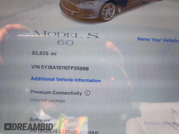 2014 Tesla Model S 60 with VIN 5YJSA1S11EFP35998, listed as a IAAI auction lot 42316563 with 83,835 mi miles and . Bid and sale history available at DreamBid. Image 7.